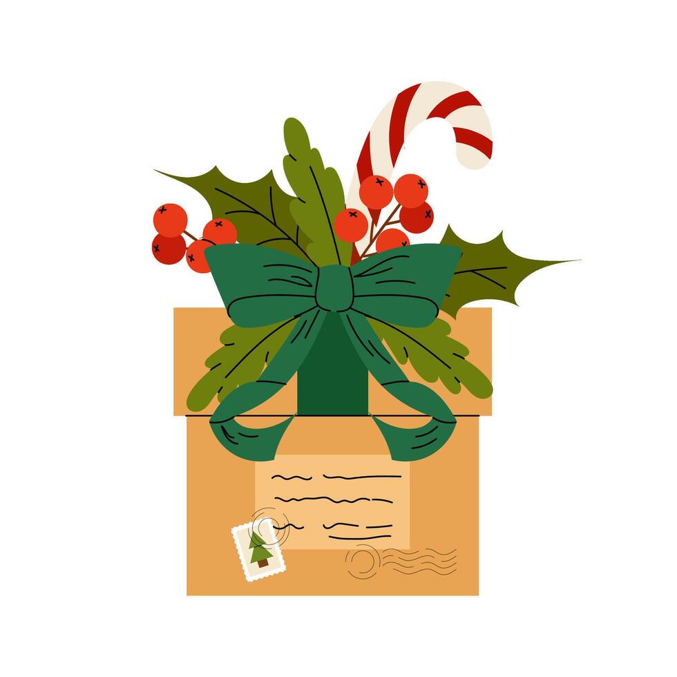 Parcel. Cardboard box decorated with Christmas elements bow, ilex berries and caramel cane. Postage. Flat illustration on white background. vector