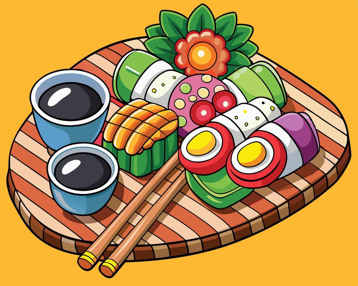 A cartoon illustration of sushi and chopsticks vector