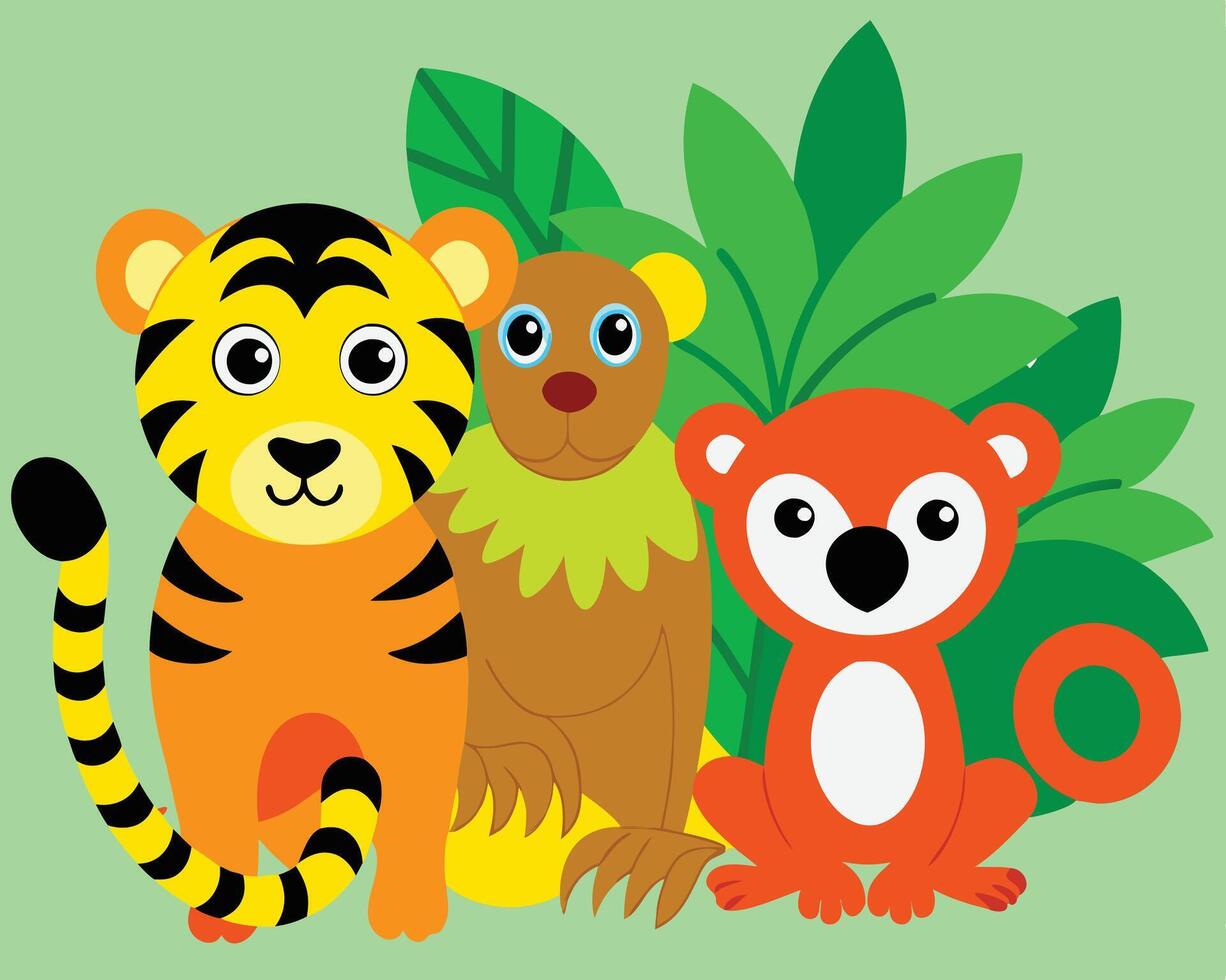 A cartoon tiger, monkey and other animals vector
