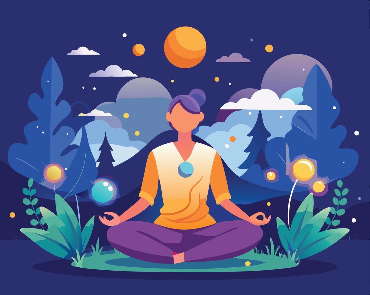 A woman meditating in the lotus position in the forest vector