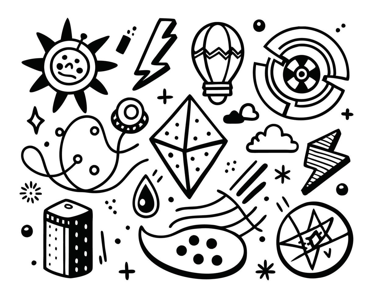 A black and white drawing of various objects vector