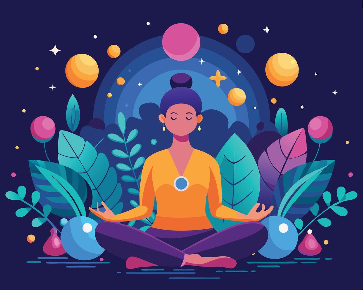 A woman meditating in lotus position with a lot of fruit and plants around her vector