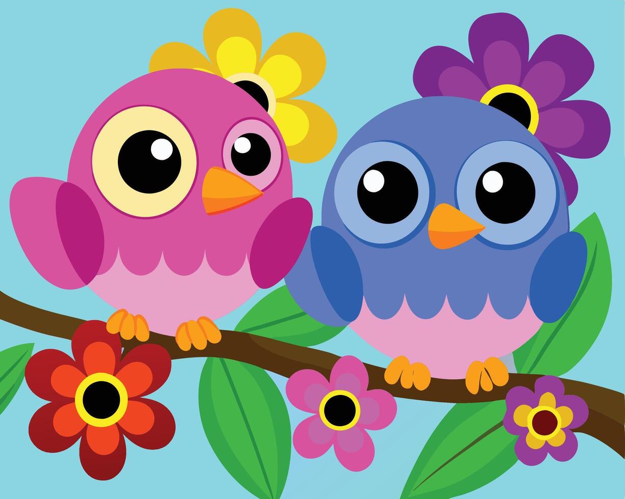 Two cute birds sitting on a branch with flowers vector