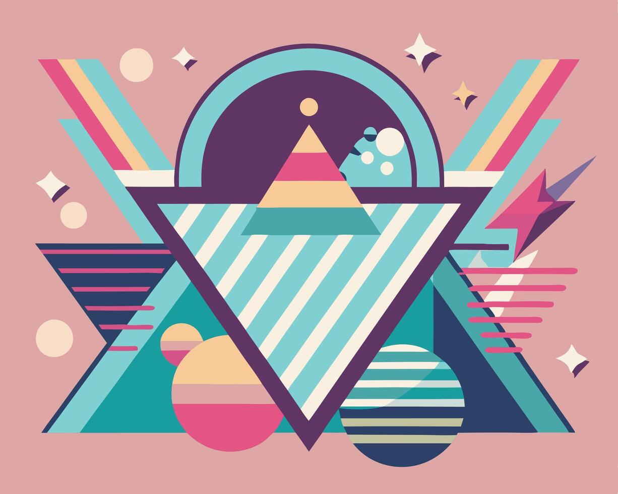 Retro style illustration of a triangle with a rainbow and stars vector