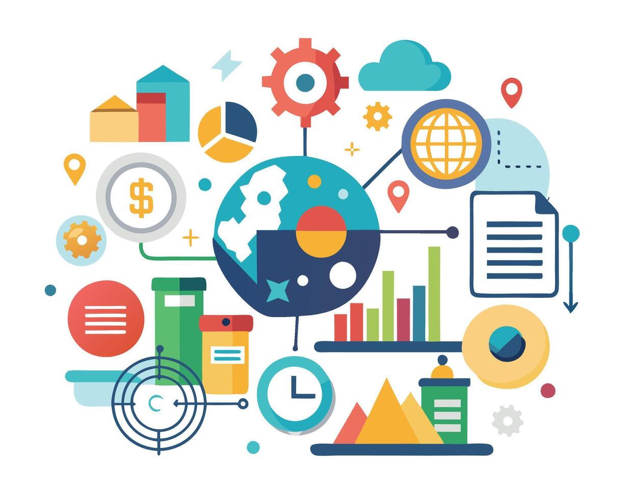 The world is surrounded by various icons vector