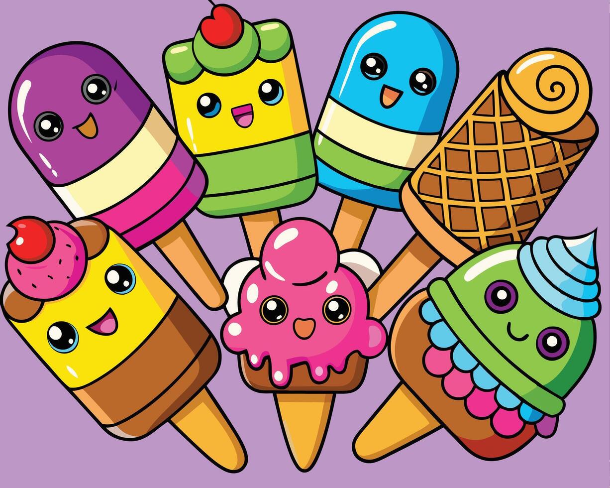 A group of ice cream pops with different colors vector