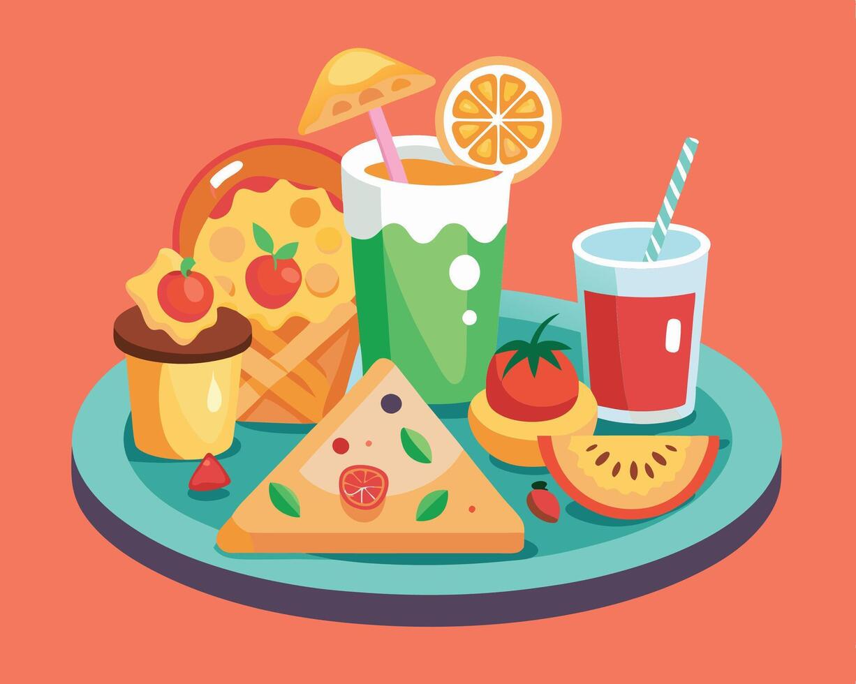 A plate with food and drinks on it vector