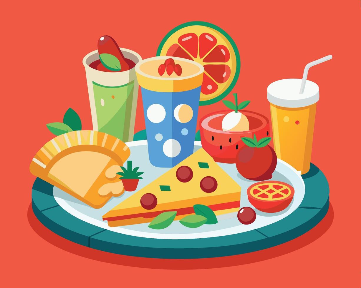 A plate with various foods and drinks on it vector