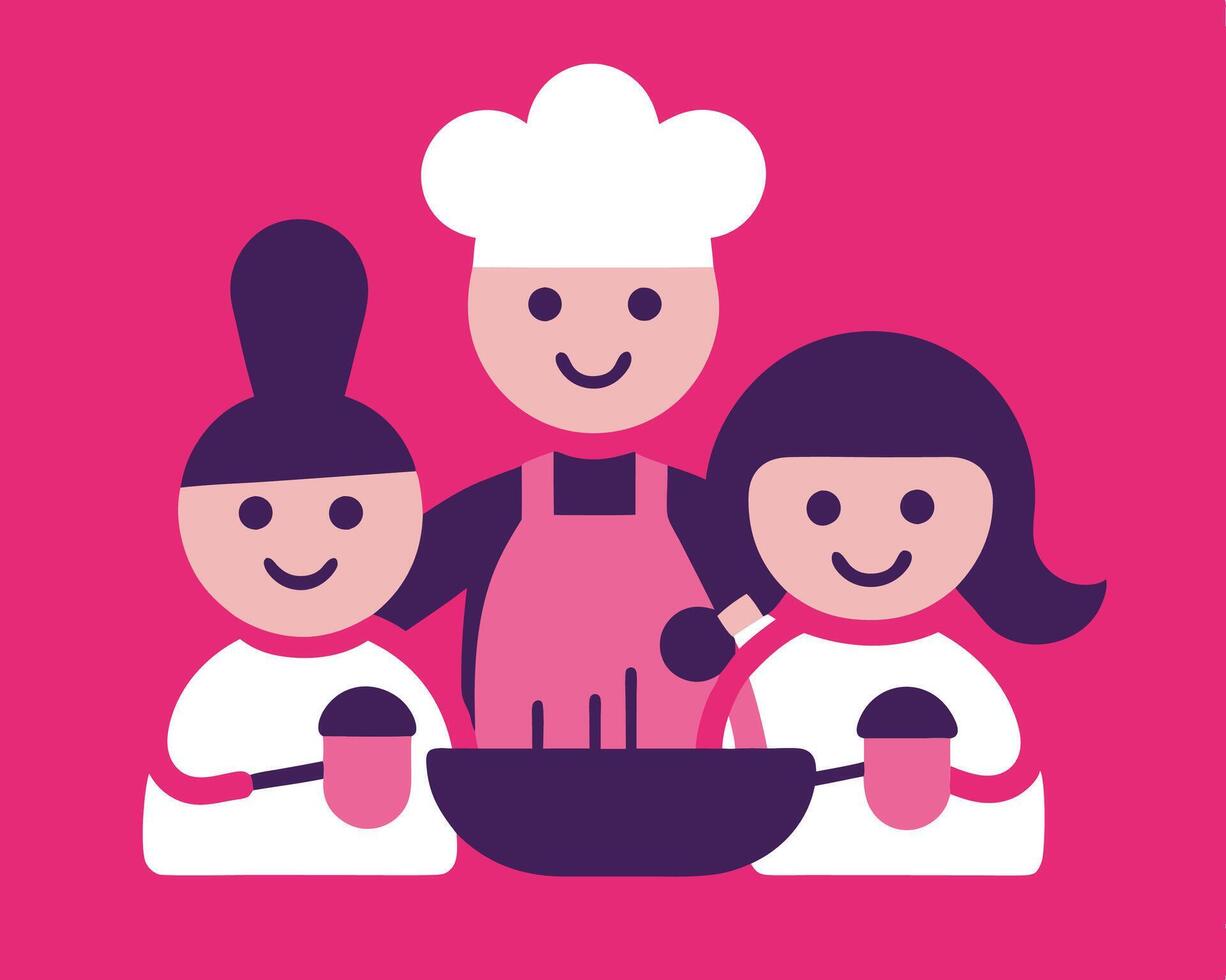 A cartoon of a family cooking together vector