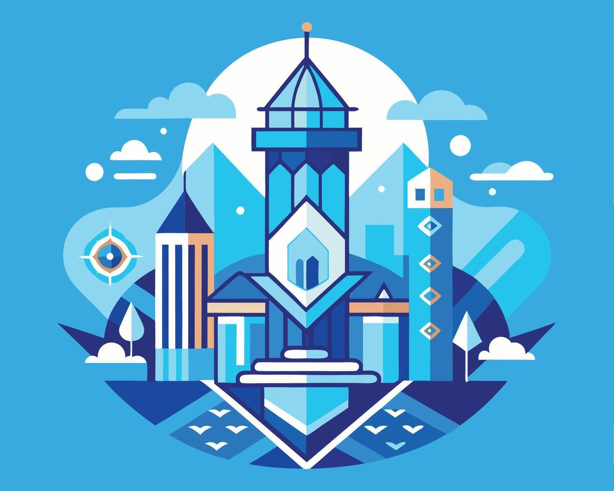 A blue and white illustration of a city with buildings vector