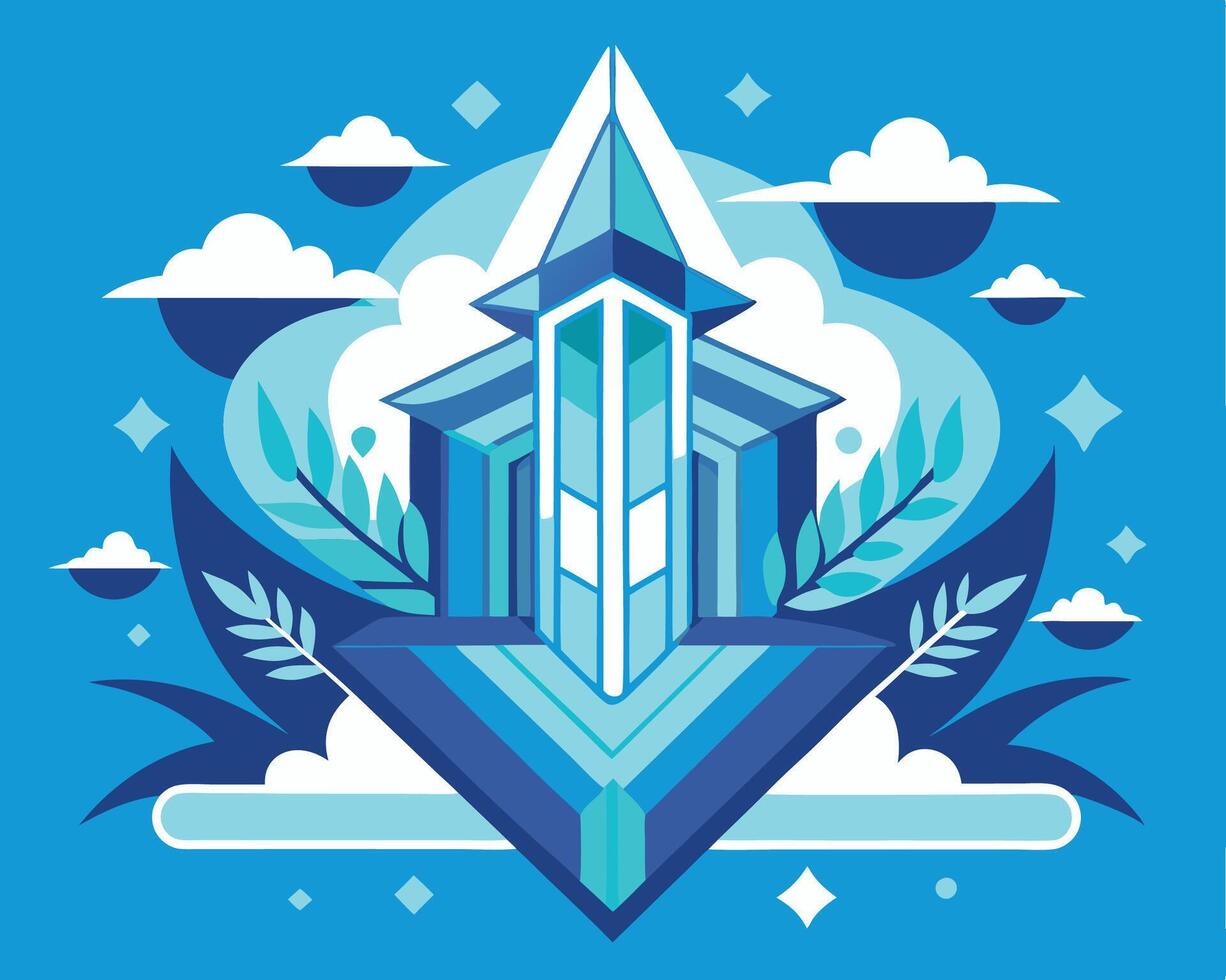 A blue and white logo with a building in the middle vector