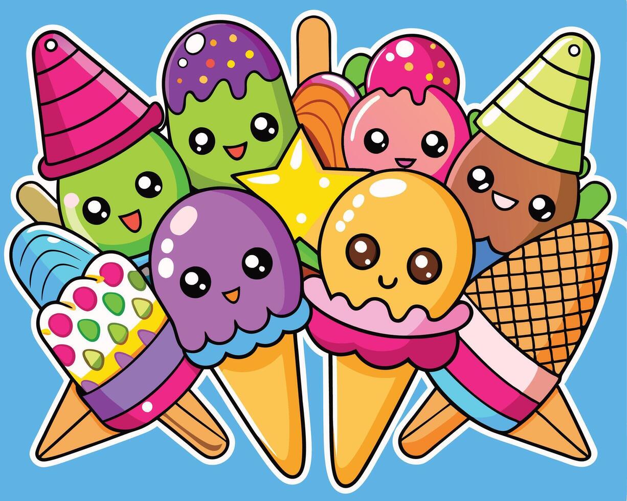 Kawaii ice cream stickers vector