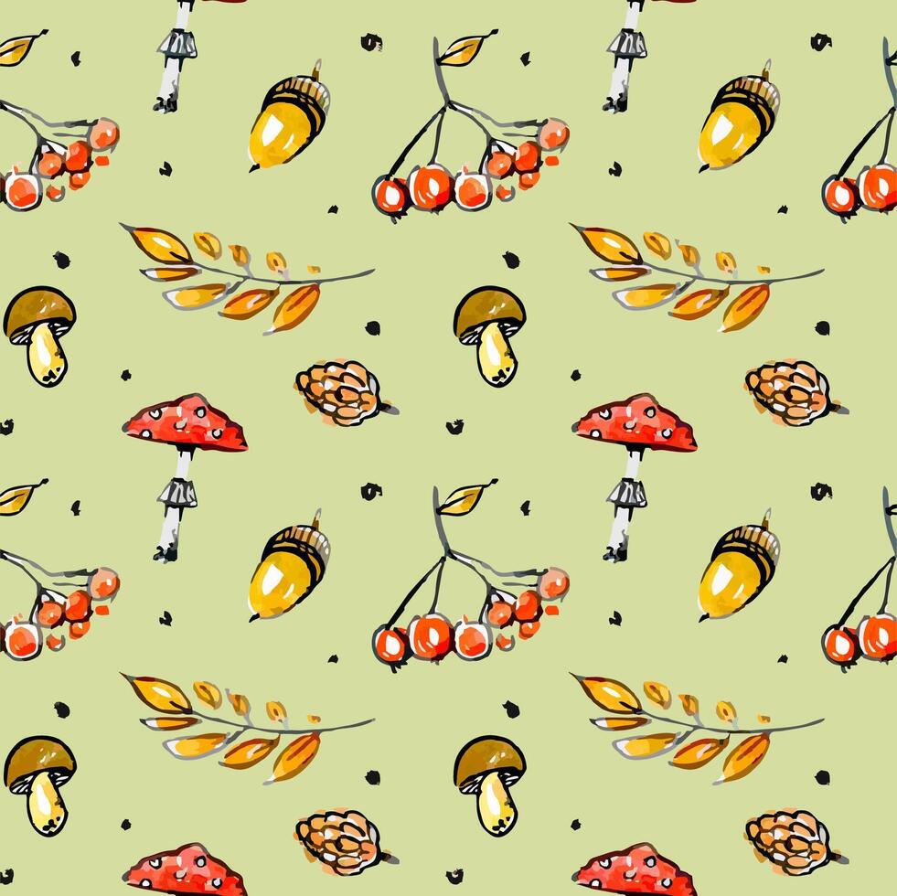 mushrooms and leaves seamless pattern vector