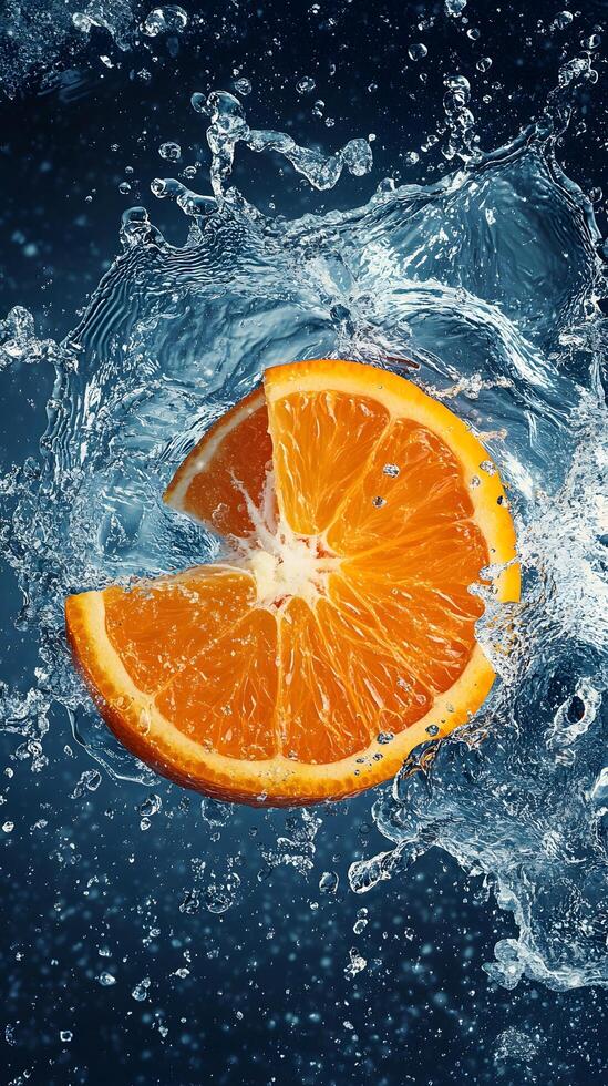 A slice of orange in the water with a splash of water photo