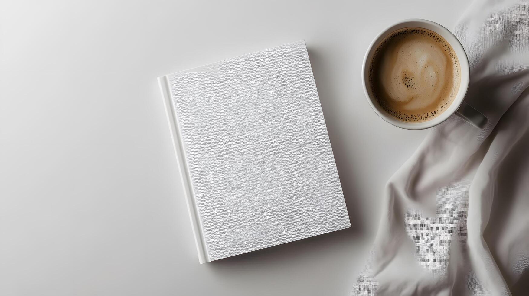 A blank book beside a coffee cup on a table. artificial intelligence photo