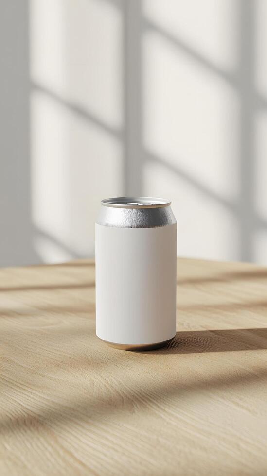 A blank beverage can on a wooden surface. artificial intelligence photo