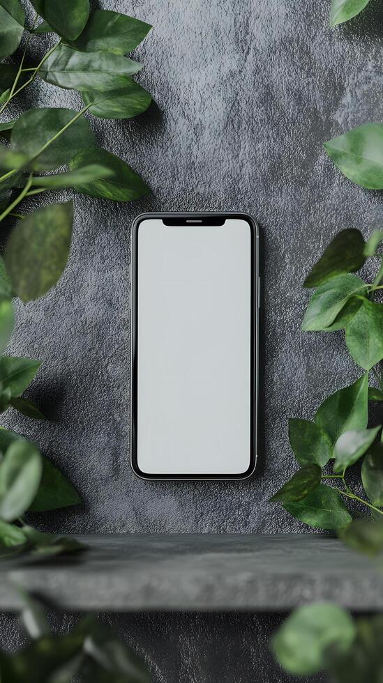 Smartphone mockup on a grey shelf with green leaves photo