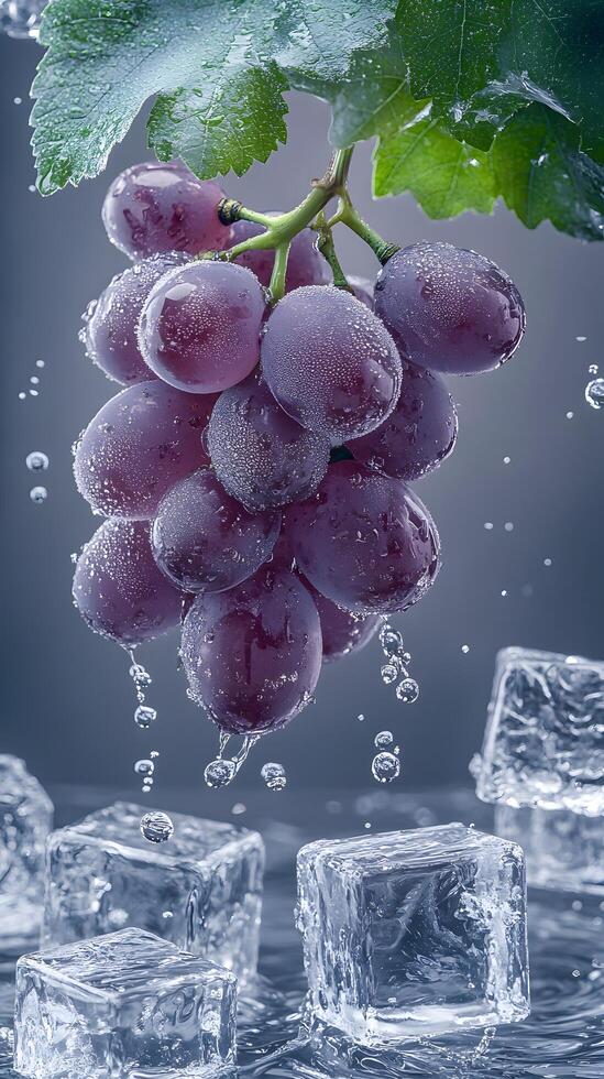A bunch of grapes on ice with water photo