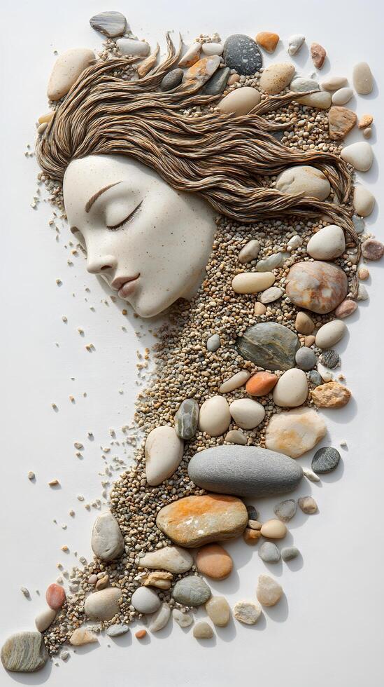 A serene face formed from pebbles and sand, blending nature and art. photo