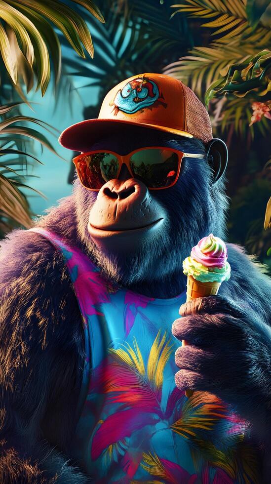 A stylish gorilla wearing sunglasses enjoys ice cream in a tropical setting. photo