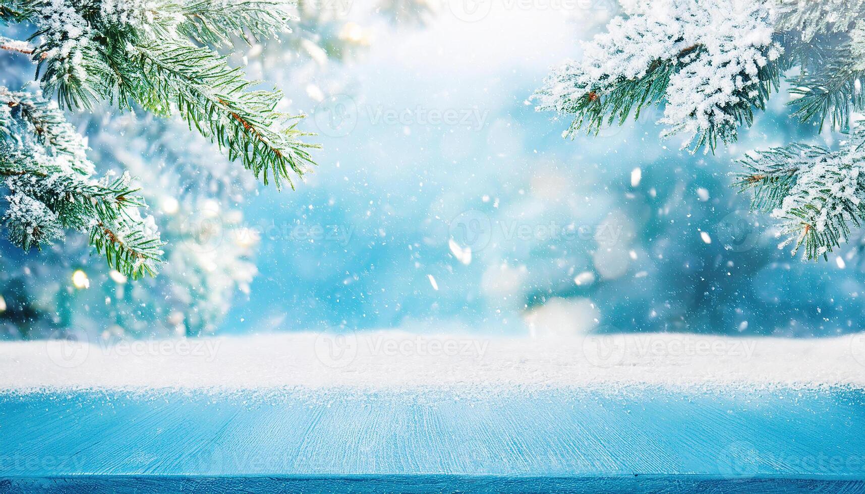 Fir tree branch with blur bokeh background for Christmas holiday copy space, photo