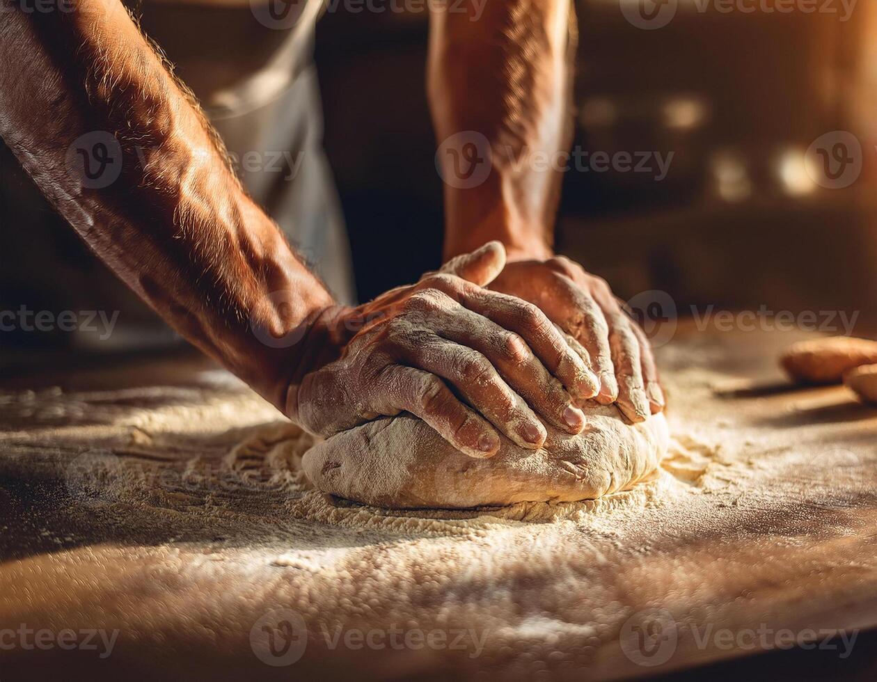 Close up of male baker hands kneading dough while baking in bakery, photo