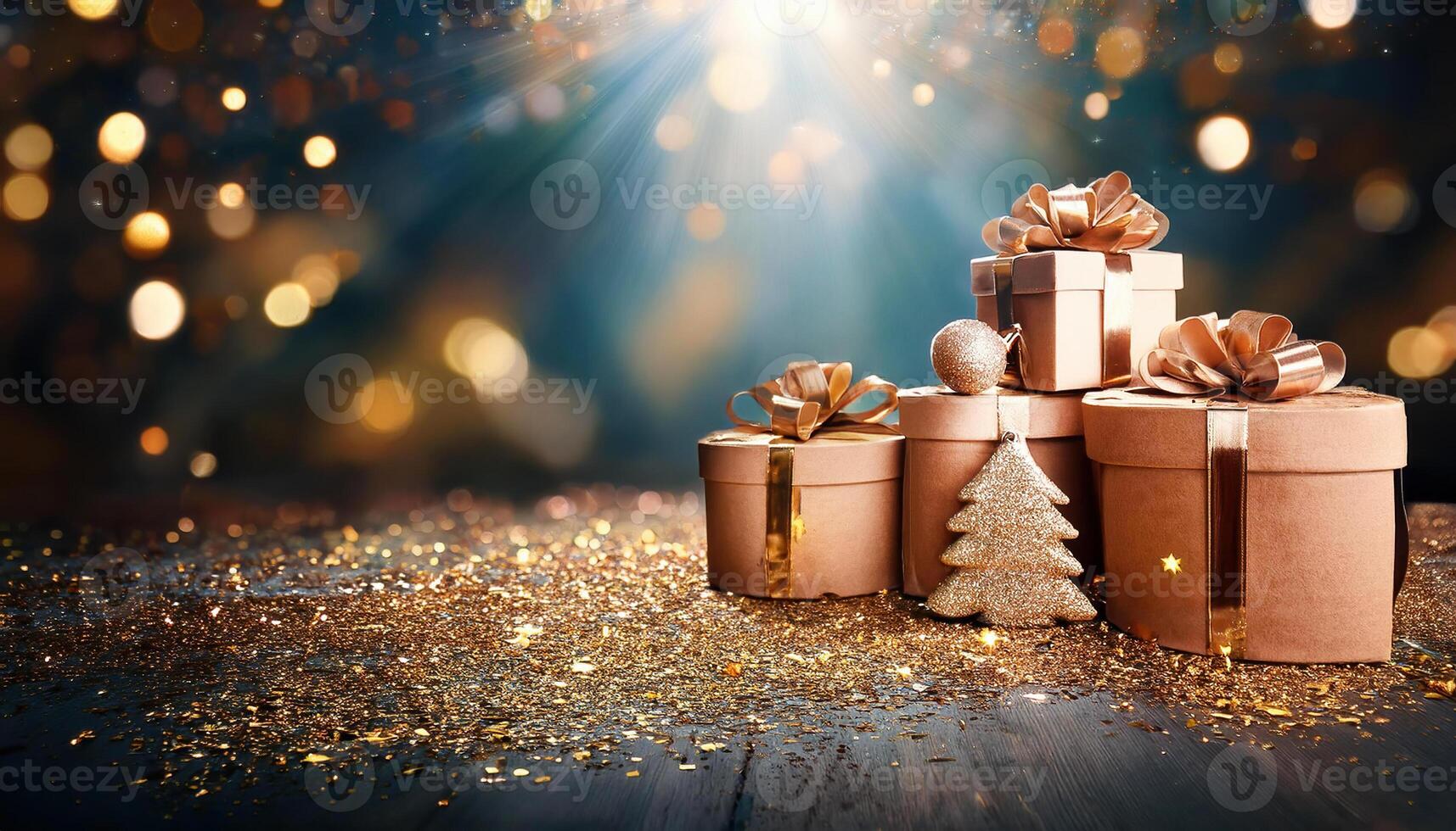 Christmas presents at the table with bokeh light in background photo