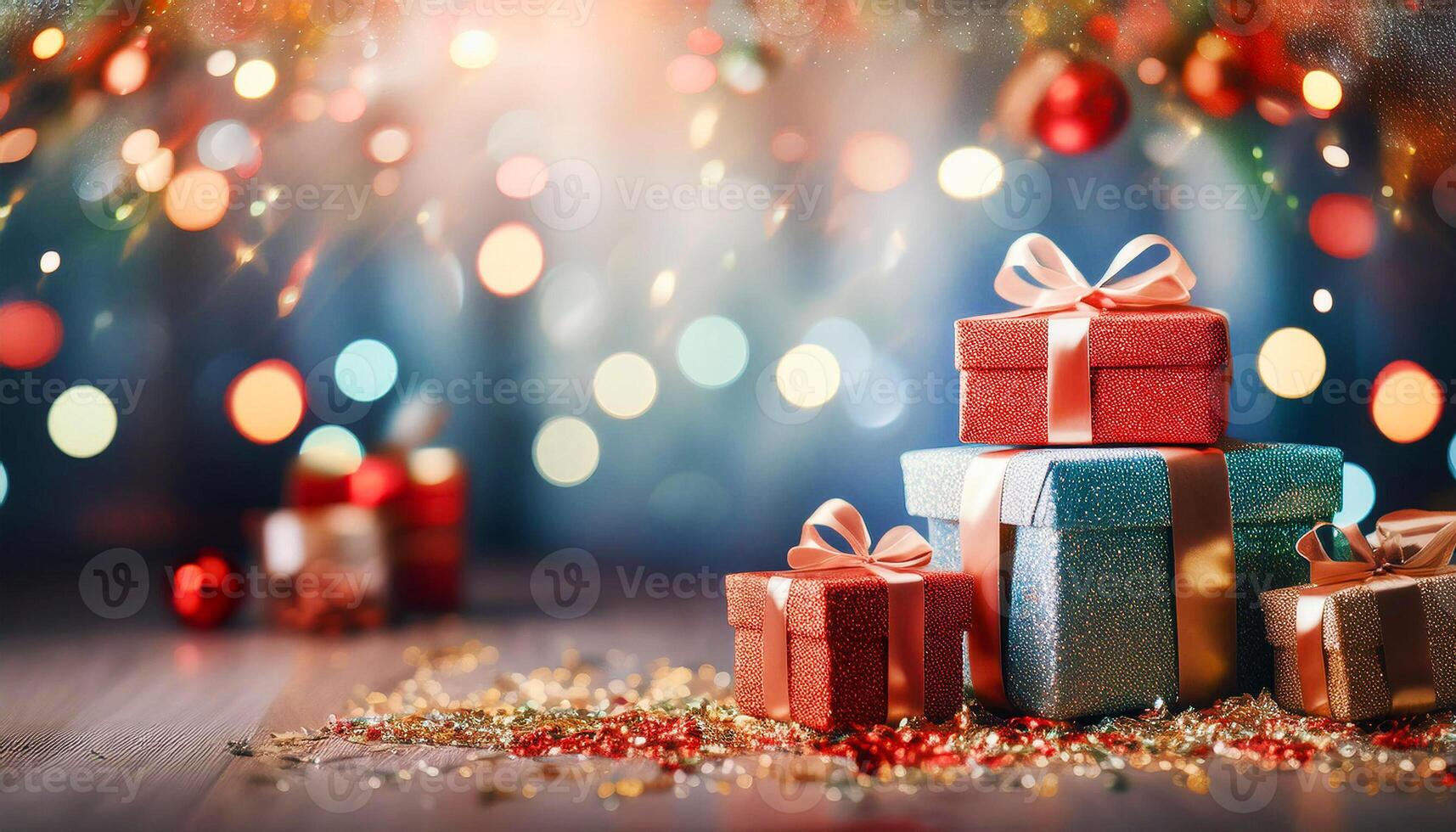 Christmas presents at the table with bokeh light in background, photo