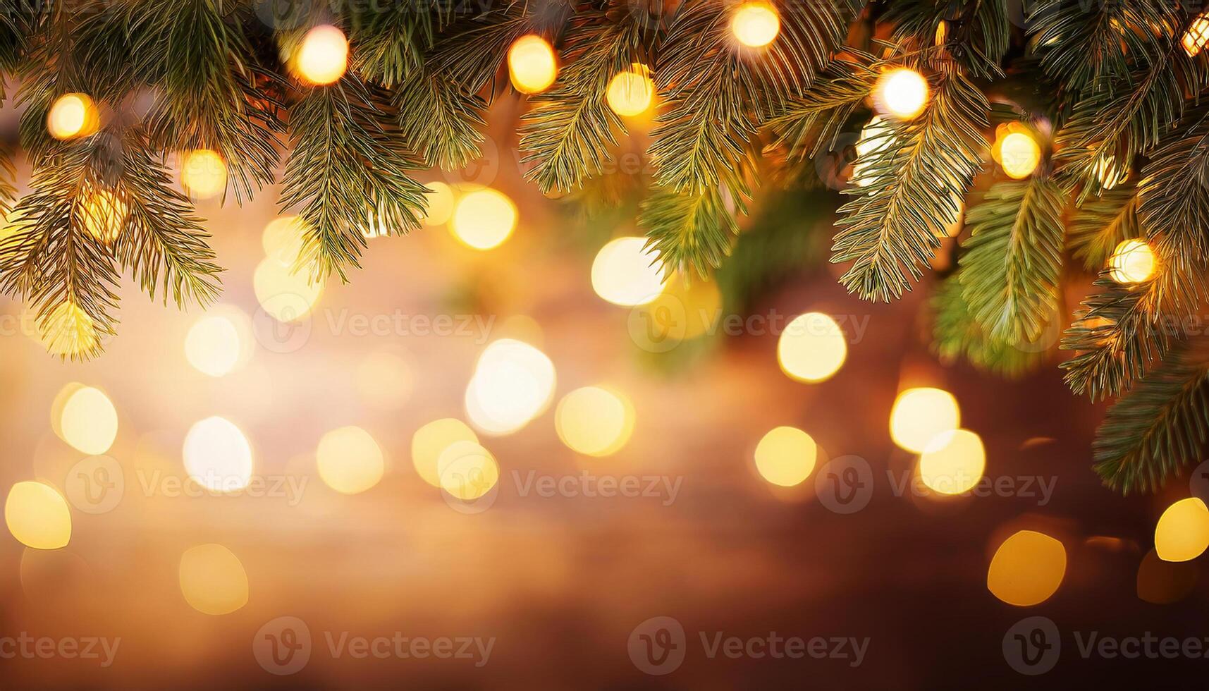 Fir tree branch with blur bokeh background for Christmas holiday copy space, photo
