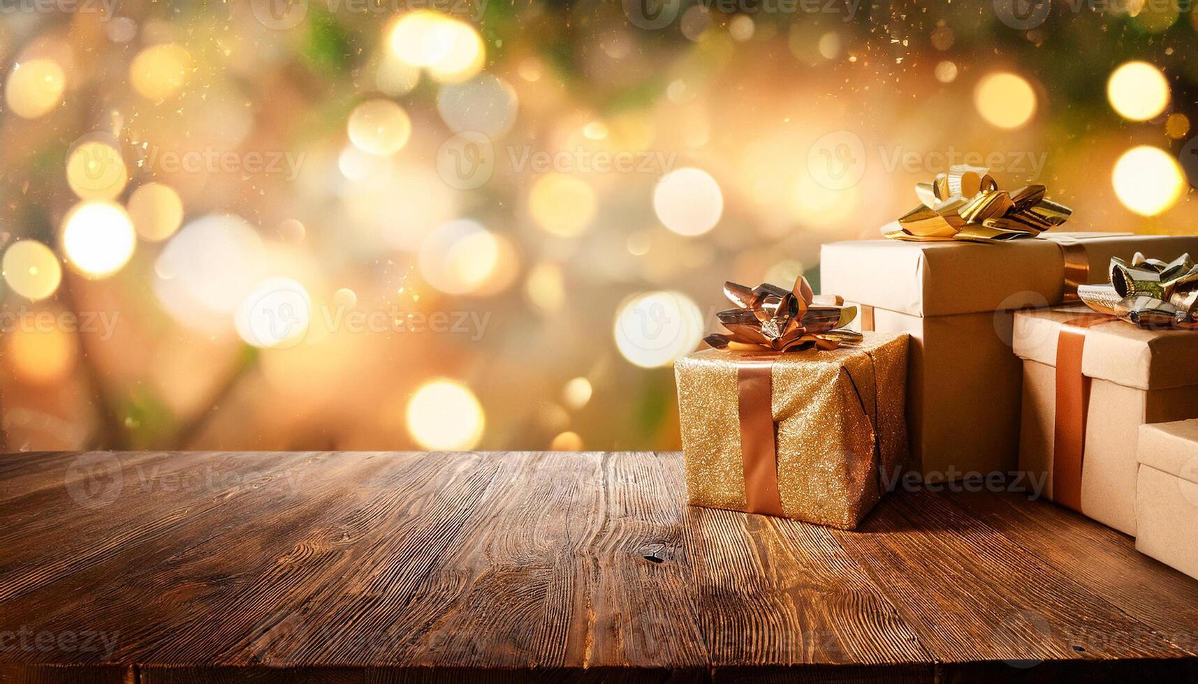 Christmas presents at the table with bokeh light in background photo