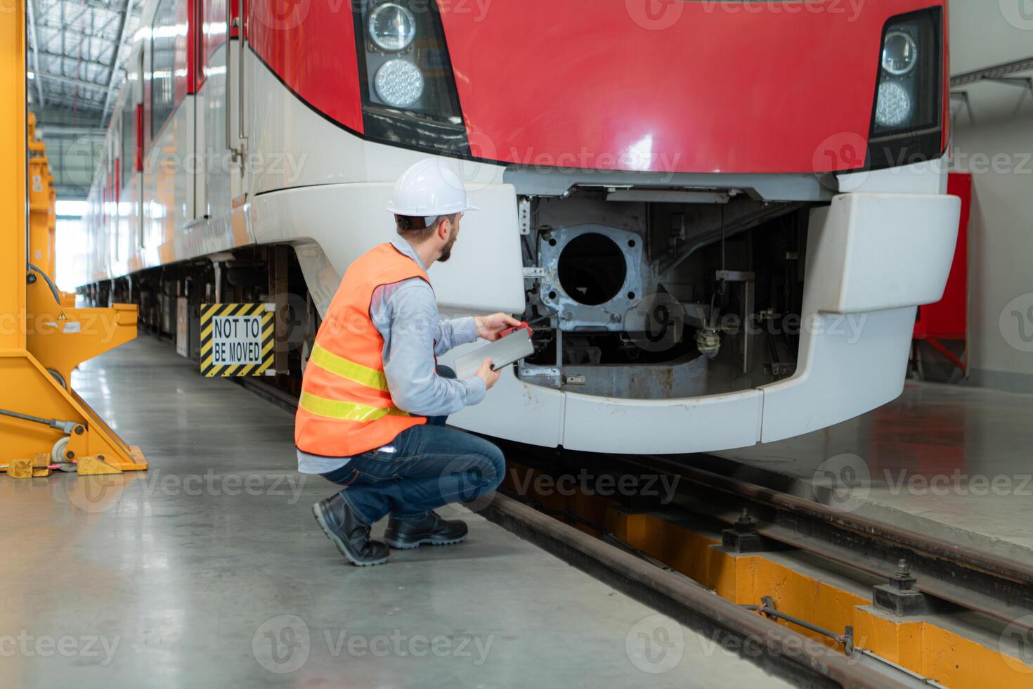 Portrait of a young male technician using a tablet working and standing in a skytrain repair station. photo