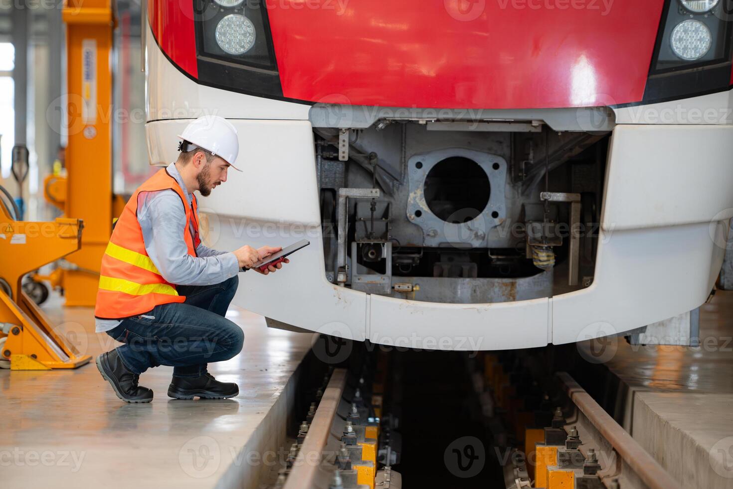Portrait of a young male technician using a tablet working and standing in a skytrain repair station. photo