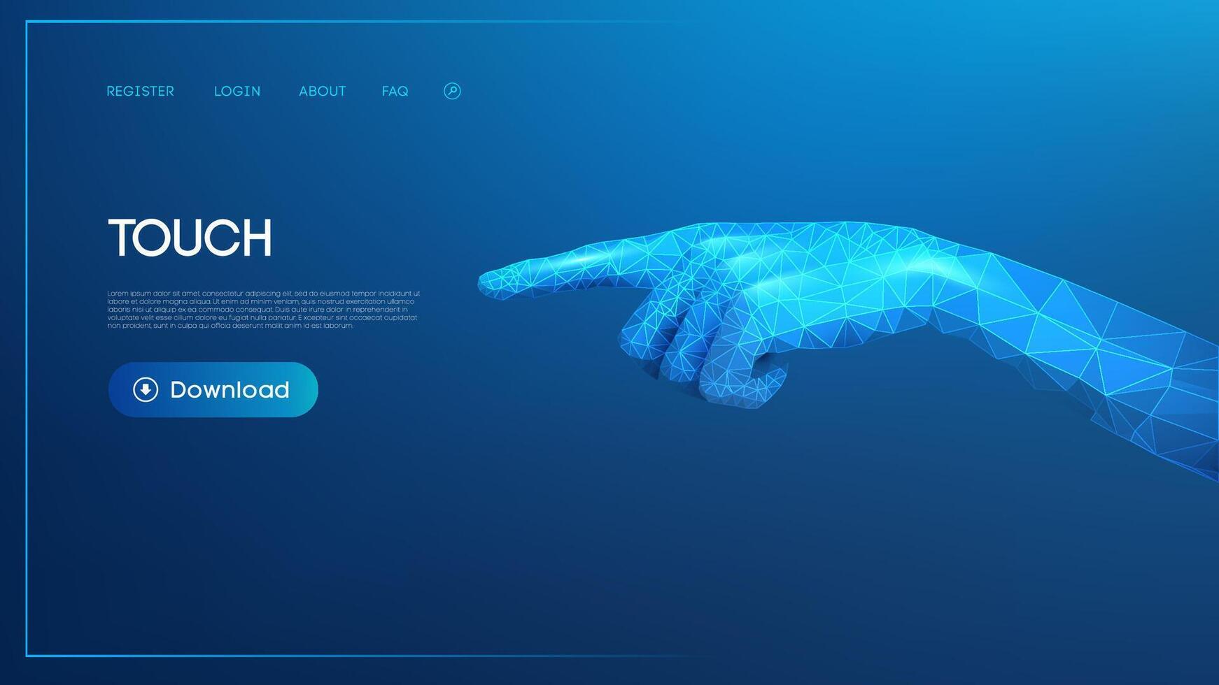 Low poly 3D illustration of a hand pointing with geometric blue shapes on a digital interface. Artificial intelligence technology background vector