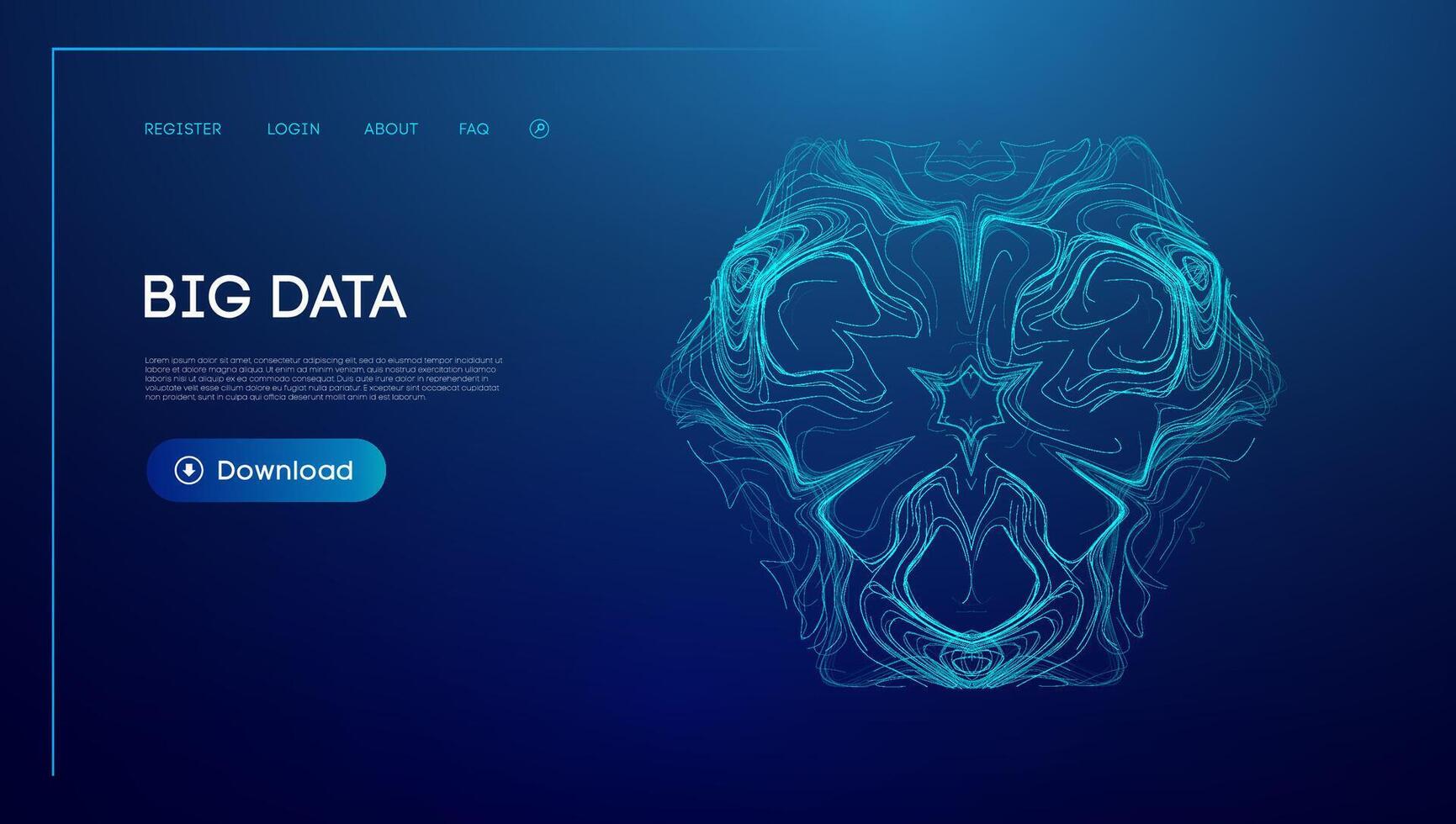 Abstract visualization of big data represented in blue hues with geometric patterns and a download button. Data analytics and technological integration. vector