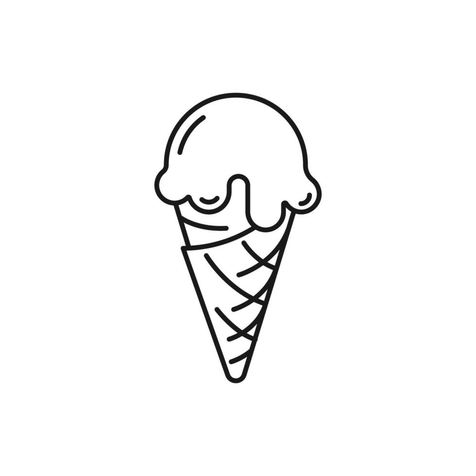 Ice cream big ball in wafer cone. vanilla, chocolate, sweet dessert sign. single fruit yogurt ice cream black line icon. Close illustration isolated on white vector