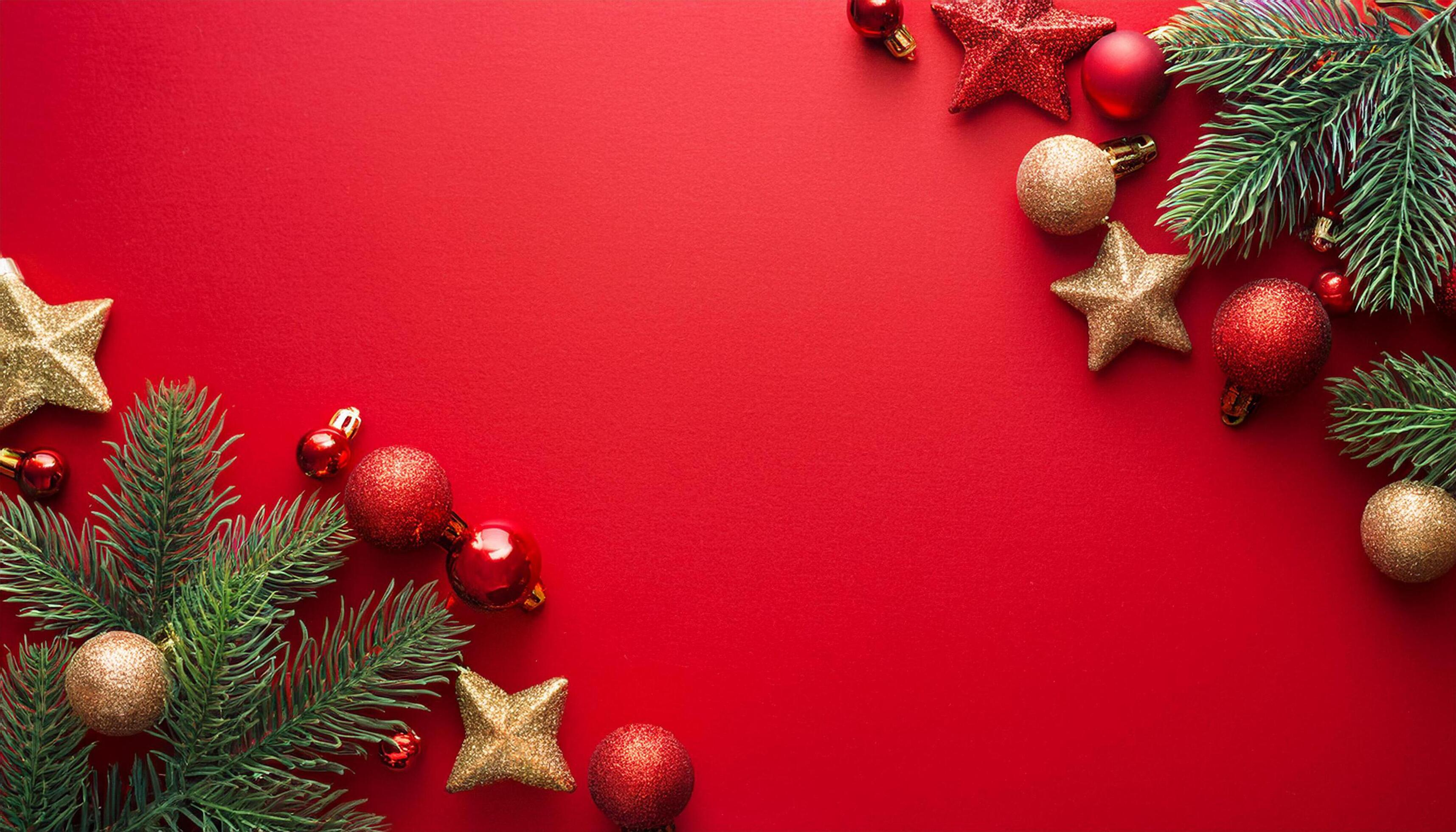 Merry Christmas red background decorated with tree branches, ball and