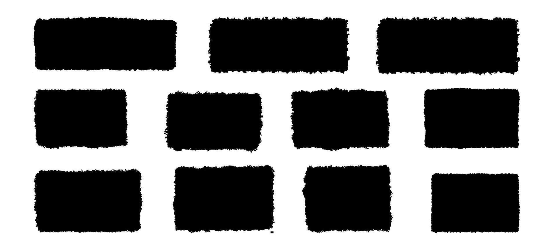 Black rectangle form with jagged edges. Ripped rectangular grunge shape silhouettes set. Textured element collection vector
