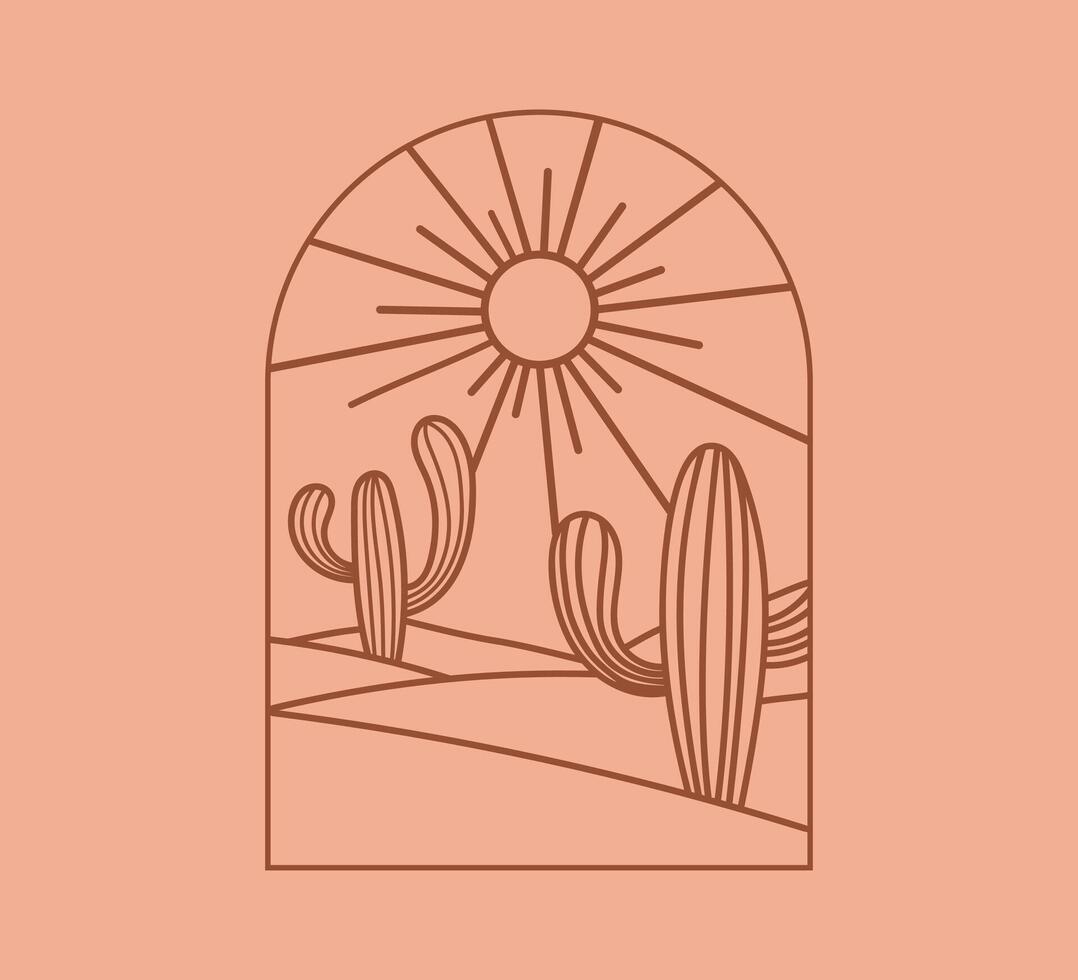 Boho logo cactus. Desert outline illustration. Line landscape with sun and plant. vector