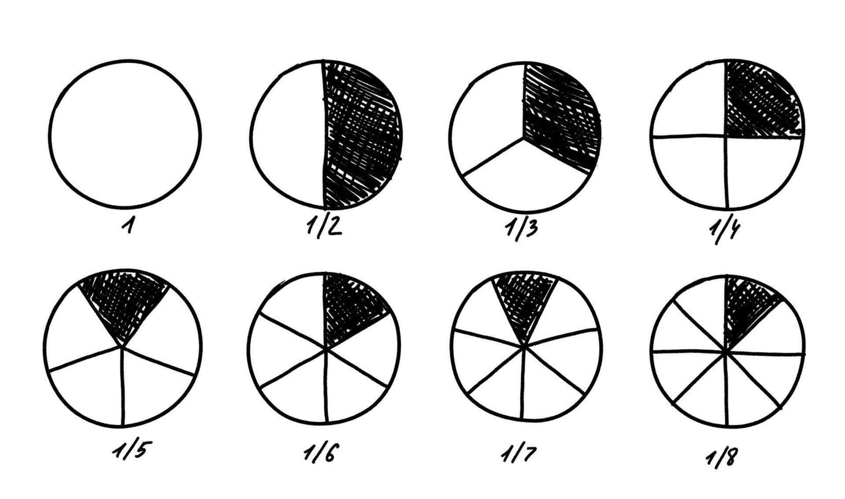 Circular hand drawn chart, pie or pizza slice. Wheel division into fractions, circular shape sectors. doodles vector