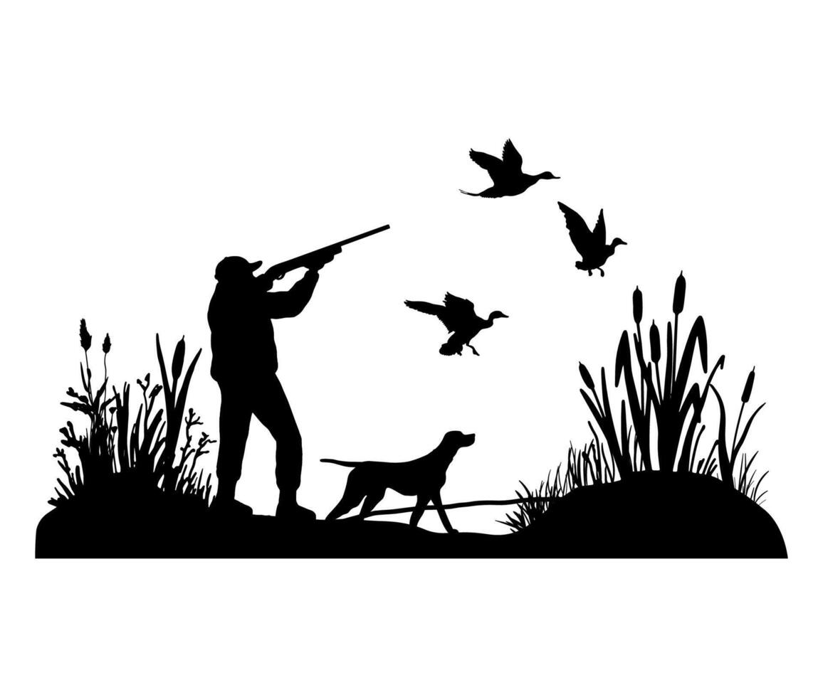 Hunter with dog aiming with his rifle on ducks. Outdoor hunting scene. silhouette of birds hunting isolated on white. vector