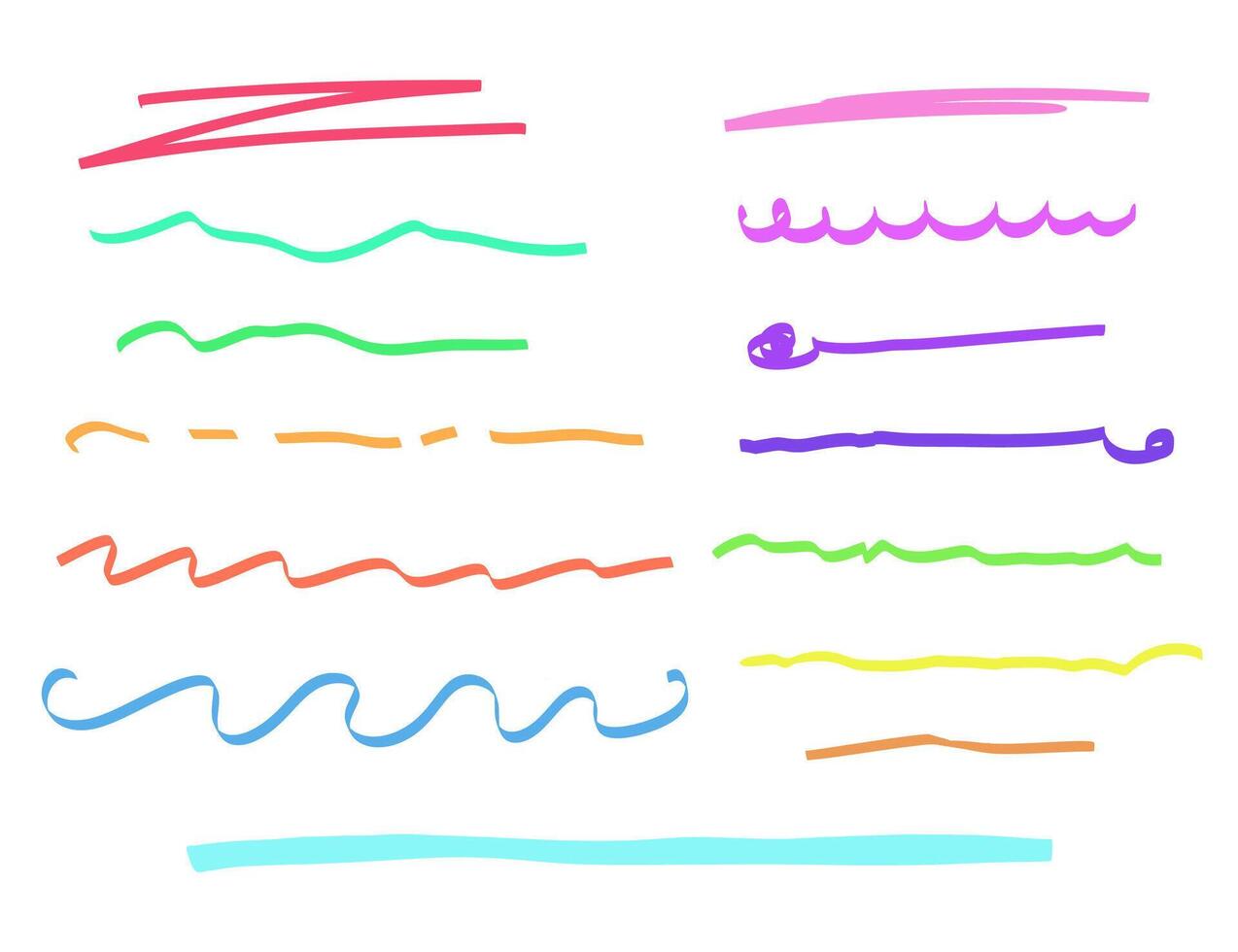 Marker underlines set, brush pen hand drawn color illustrations. Lines collection isolated on white. vector