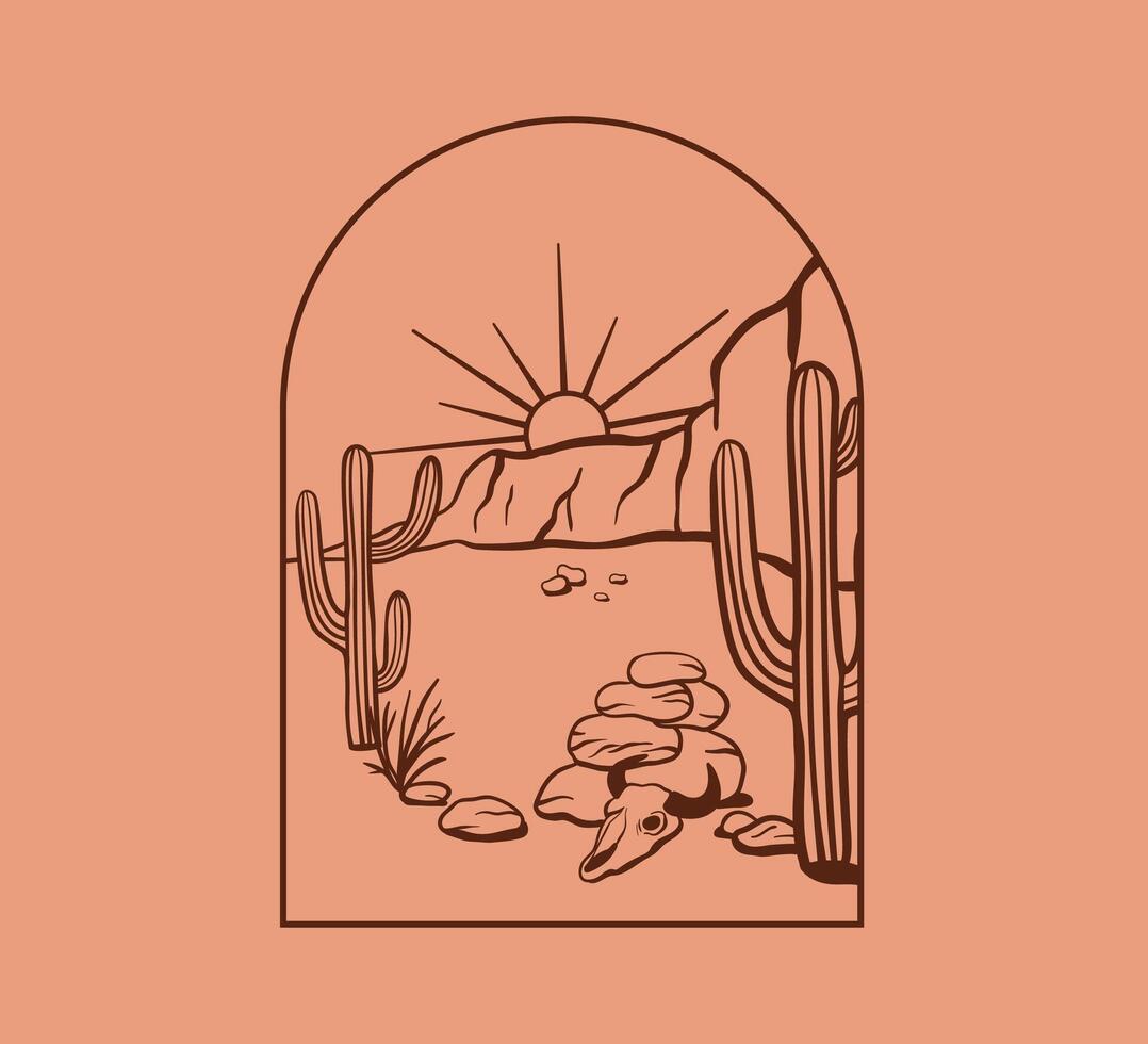 Boho logo with cactus and scalp. Desert outline illustration. Line landscape with sun, mountain and plant. vector
