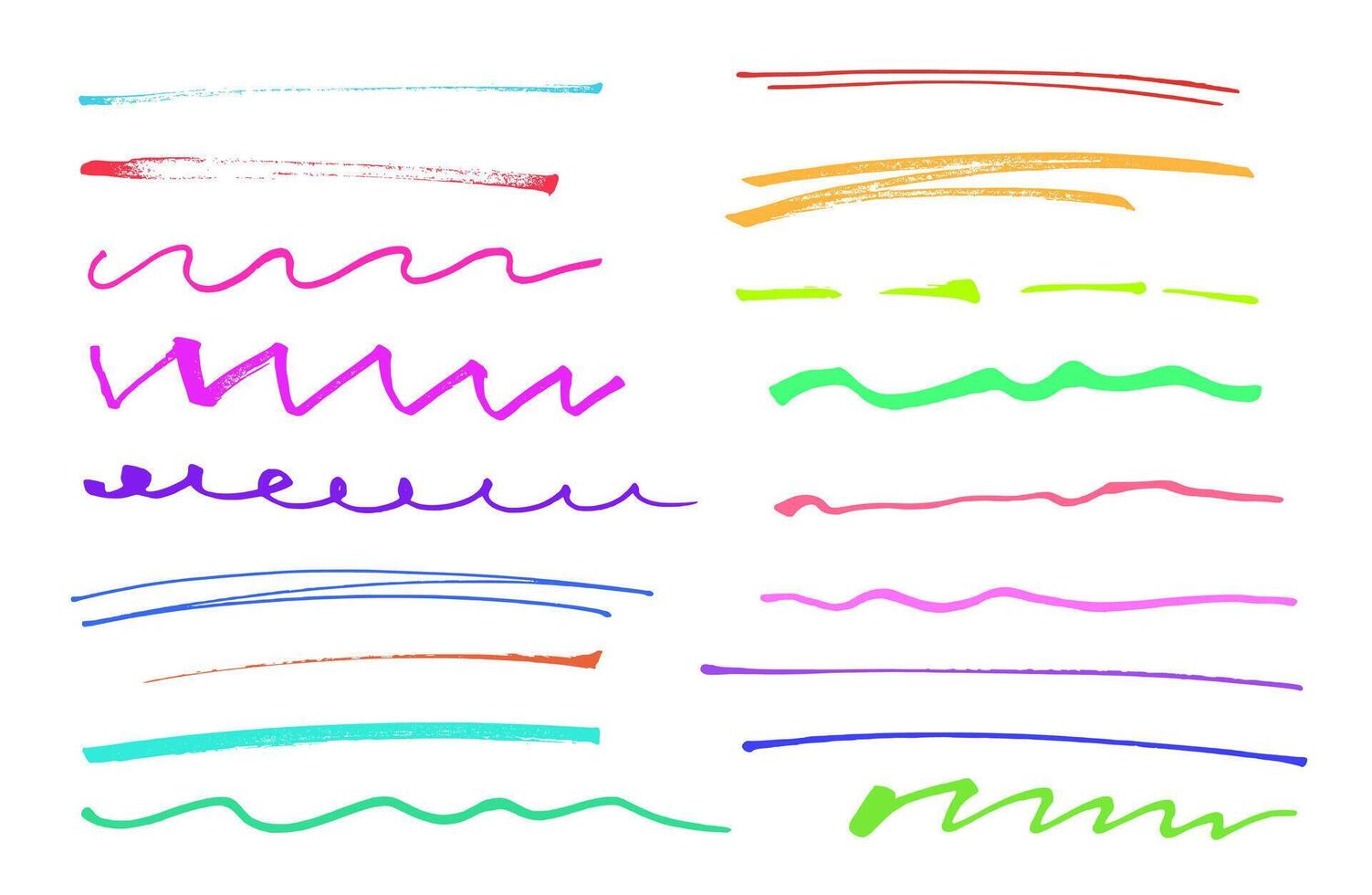 Marker highlight set, brush pen hand drawn color underline. Lines collection isolated on white. vector