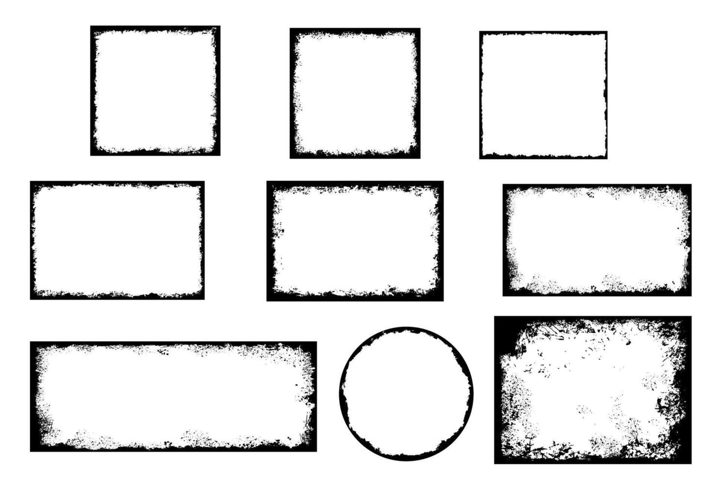 Grunge distressed round set, square and rectangle frame bundle. Ink empty black border. illustration set isolated on white background. vector