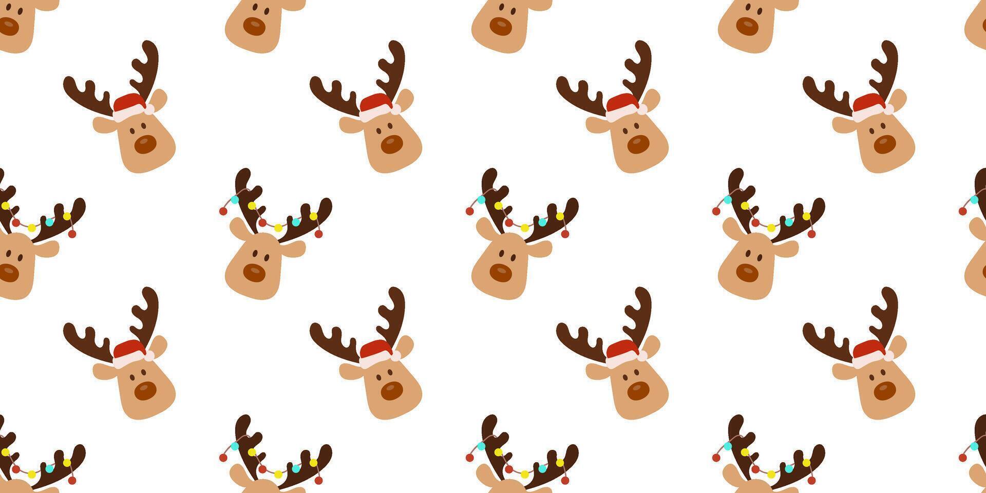 Seamless pattern with cute Christmas deer, animal head with Santa hat and lights on white background. Repeat backdrop for print. vector
