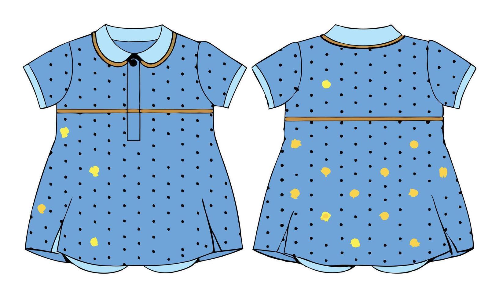 Baby girls dress design front and back view with polka dots vector