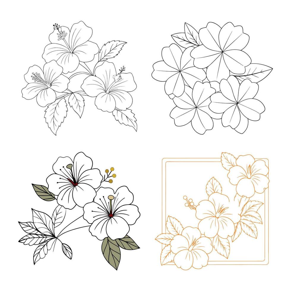 Hibiscus flower coloring book page line art drawing for children and adults vector