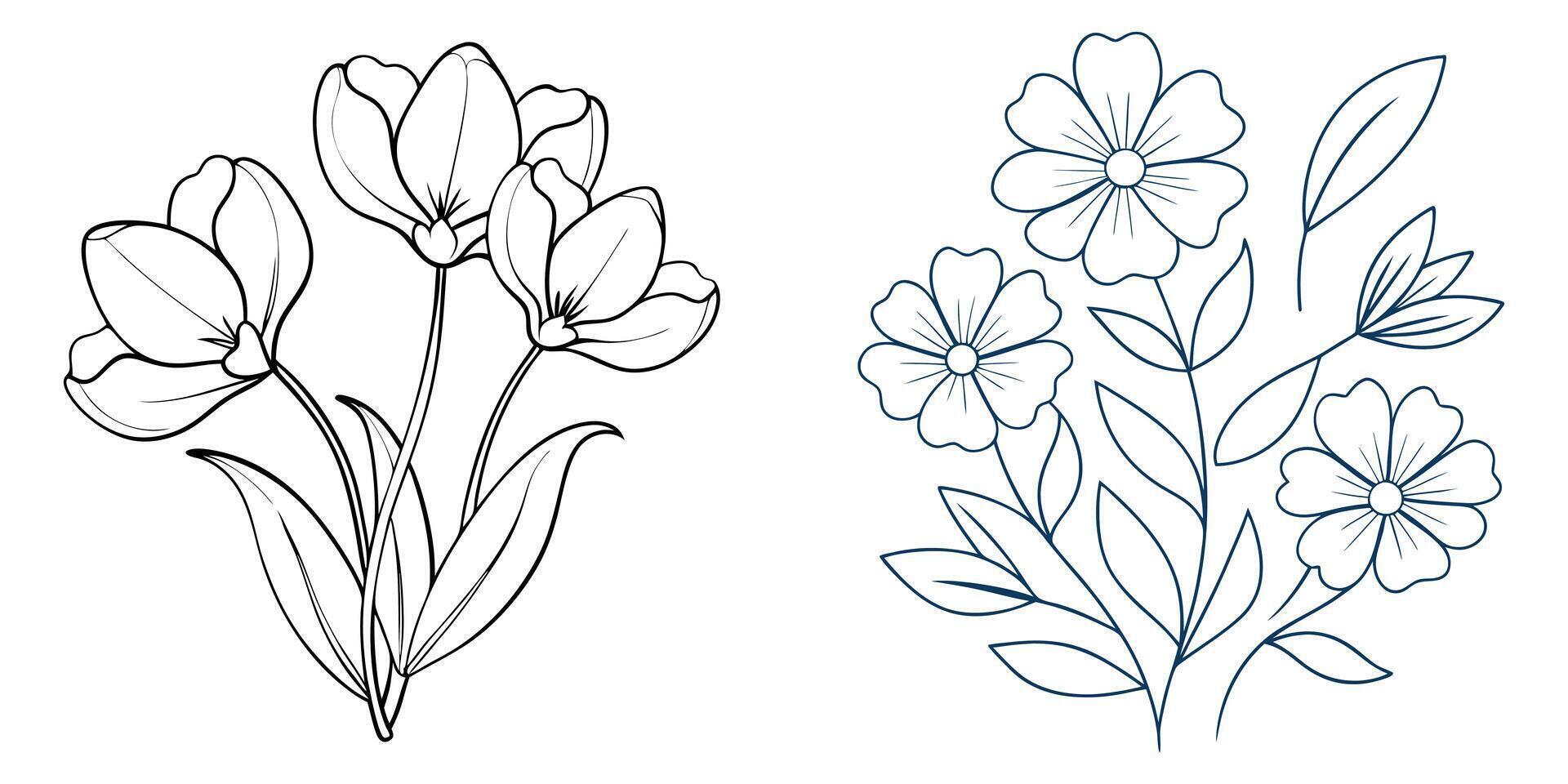 Hand drawn simple flower outline collection vector