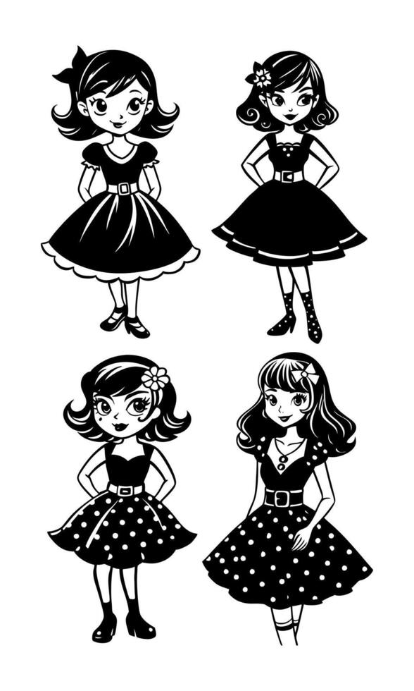 Four girls in polka dot dresses, black and white vector