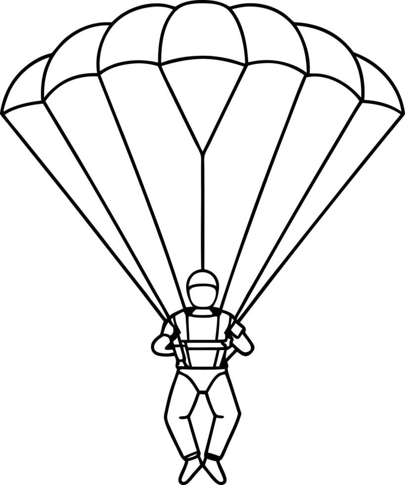 Man jumping with a parachute isolated graphic. Black and white outline art illustration. minimalist Skydiver man extreme sport. vector